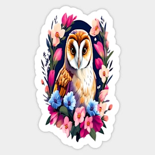 Cute European Barn Owl Surrounded by Bold Vibrant Spring Flowers Sticker